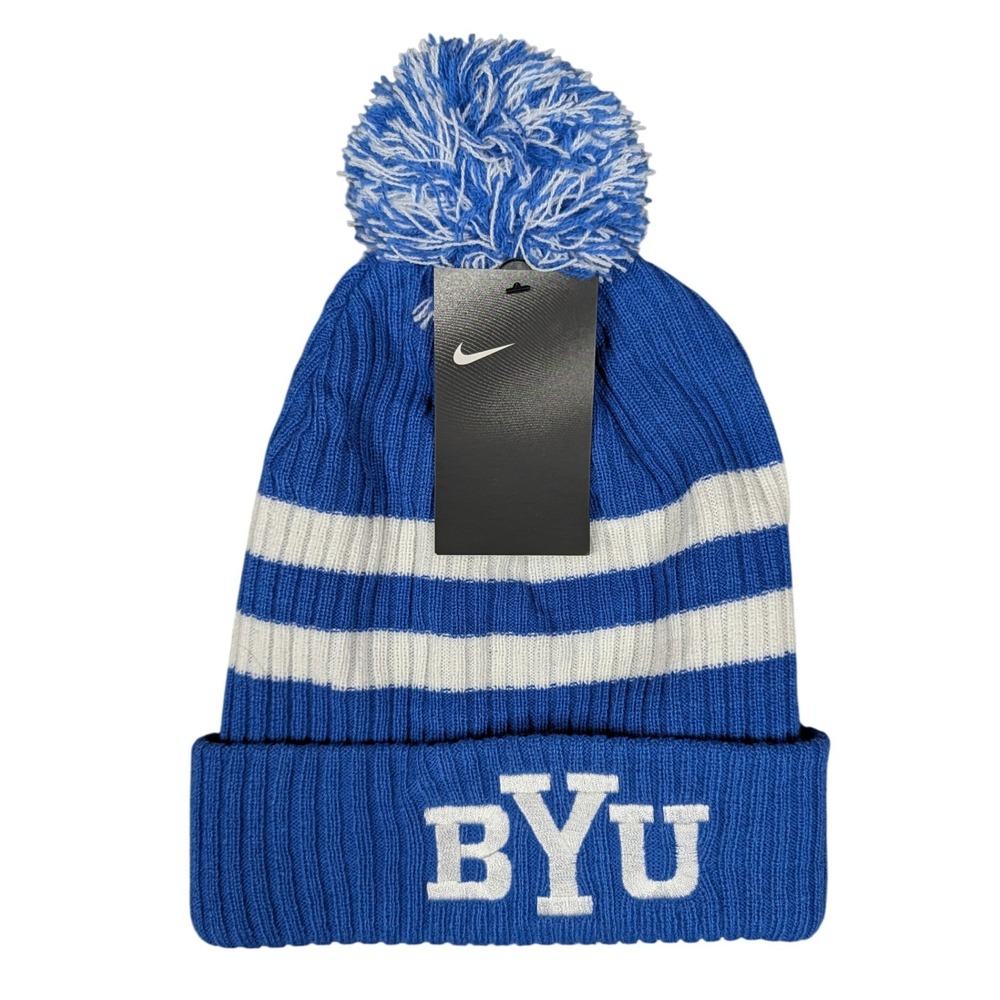 Nike BYU Cougars Beanie Hat Royal Blue White Striped Pom Knit Cuffed NCAA NEW